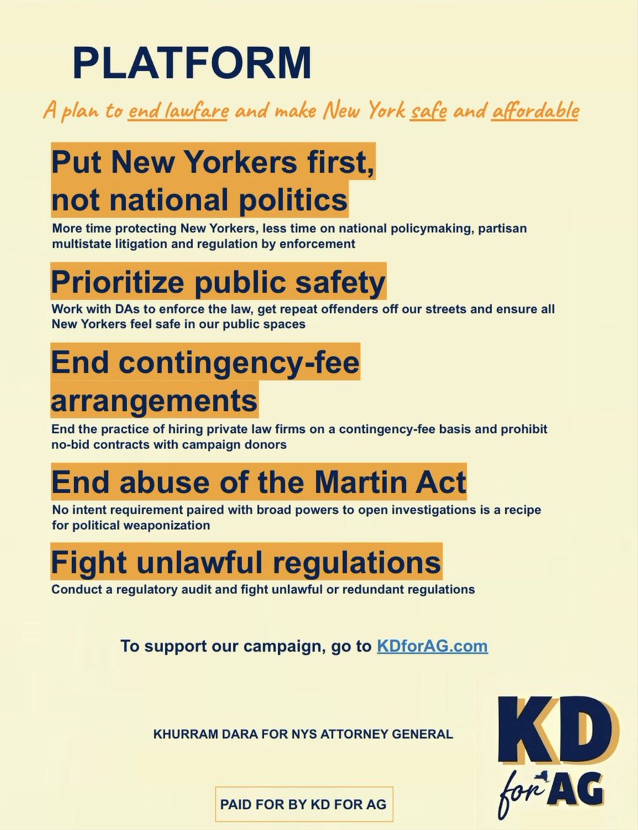 Today, we’re unveiling my platform – a plan to end lawfare and make New York safe and affordable.

If you’re ready for an AG that will end lawfare and enforce the law, please support our campaign: secure.anedot.com/kd-for-ag-84a5…