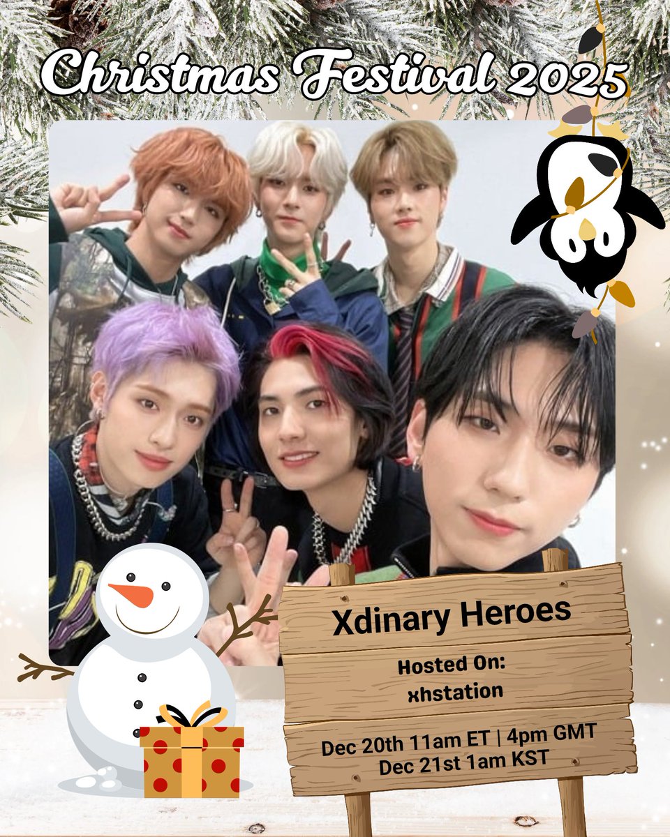 <a href="/oneokrockers_sh/">ONE OK ROCKERS STATIONHEAD</a> <a href="/ONEOKROCK_japan/">ONE OK ROCK_official</a> <a href="/STATIONHEAD/">STATIONHEAD</a> <a href="/winnershradio/">winnershradio</a> <a href="/yg_winnercity/">WINNER</a> <a href="/MinhoStreaming/">Minho Streaming ❤️‍🔥🐿️💎#TEMPO</a> <a href="/SHINee/">SHINee</a> Christmas Festival Lineup🎄: [Day 3]

Presenting:
Xdinary Heroes!!! 

🦌⏰️: Dec 20th 11am ET | 4pm GMT | 1am KST

☃️ 📻: 
stationhead.com/xhstation 

🎅: <a href="/XH_STATION/">XHSTATION</a> <a href="/XH_official/">Xdinary Heroes</a>

#SHXmasFest2025 <a href="/STATIONHEAD/">STATIONHEAD</a> #XdinaryHeroes