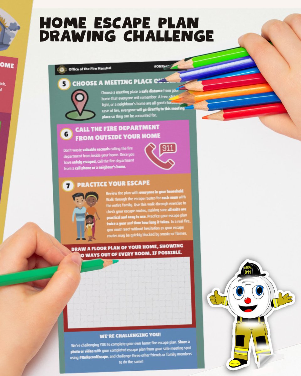 ONFireMarshal's tweet image. Kids home for the holiday break?
Turn fire safety into a drawing challenge:

✅ sketch the home
✅ add two escape routes
✅ pick a safe meeting spot
✅ finish with a fire drill

Explore more kid-friendly fire safety resources:
SavedByTheBeep.ca/educators

#FireSafety #DecemberBreak