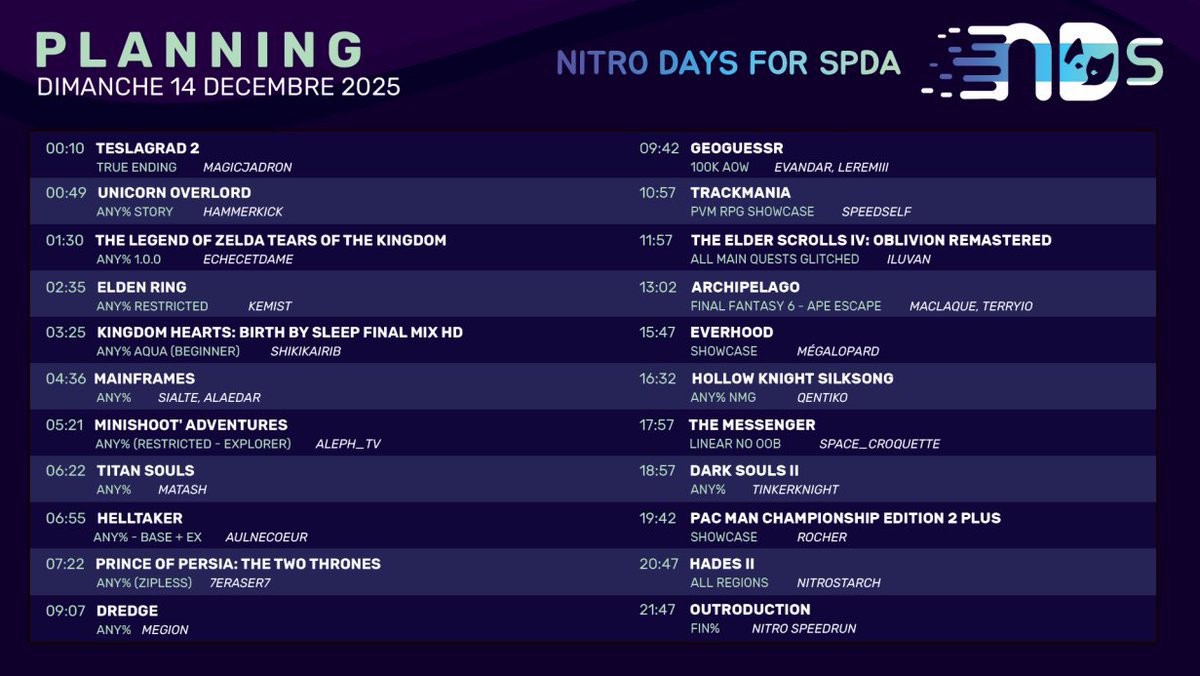 Bonjour ici !
Pour rappel Nitro Days for SPDA commencera ce vendredi ! 

Il y a quelques changements de planning, la L&amp;R est annulée et est remplacée par la run de Symphonia ! 
De plus, l'ordre des runs de dimanche après-midi a aussi été changé, à voir ici 👀⬇️