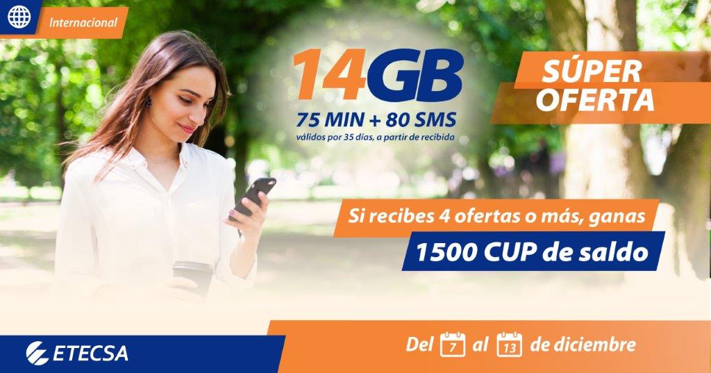 📣 ¡Atención clientes, ya estamos en promoción! 
Hasta el 13, si recibes una oferta por un costo de solo 125 CUP desde el exterior obtendrás bonificaciones: 
✅ 14GB de datos 
✅ 75 MIN de voz 
✅ 80 SMS
⚠️Si recibes 4 ofertas ganas 1500 CUP en tu saldo. #OfertaInternacional