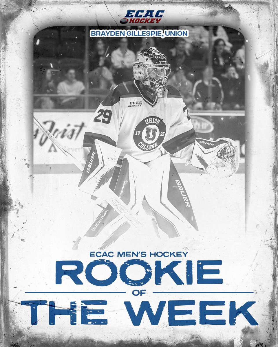 ecachockey's tweet image. Rookie of the Week: Brayden Gillespie posted a stellar 1-0-0 weekend for @Unionmhockey , turning aside all 39 shots he faced — eight in Friday’s relief appearance and 31 more in a shutout win over Quinnipiac! 🔥

@Storm_City @AyrCentennials @vaughankingsAAA 

#ECACHockey