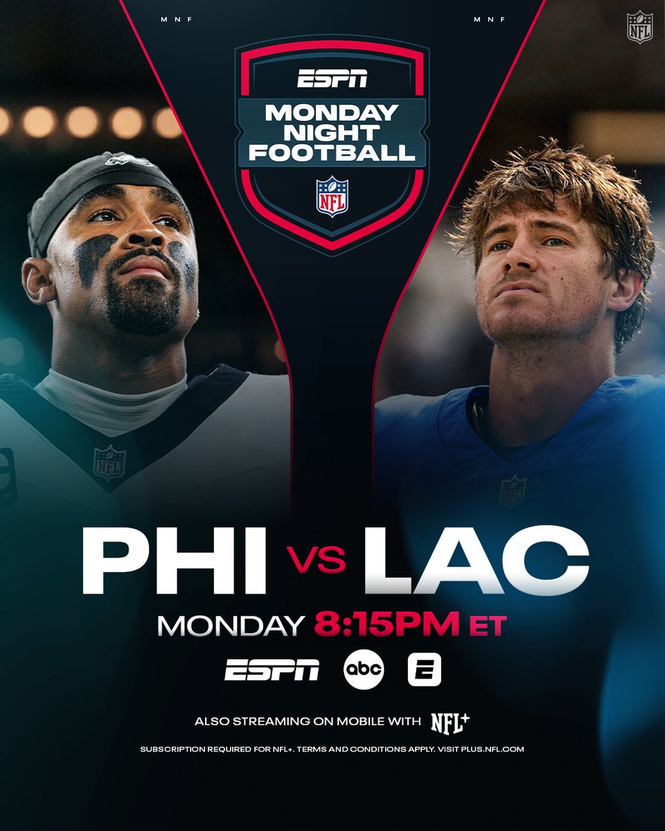 Who is taking the coast-to-coast clash tonight? 👀
PHIvsLAC– 8:15pm ET on ESPN/ABC
Stream on @NFLPlus and ESPN App