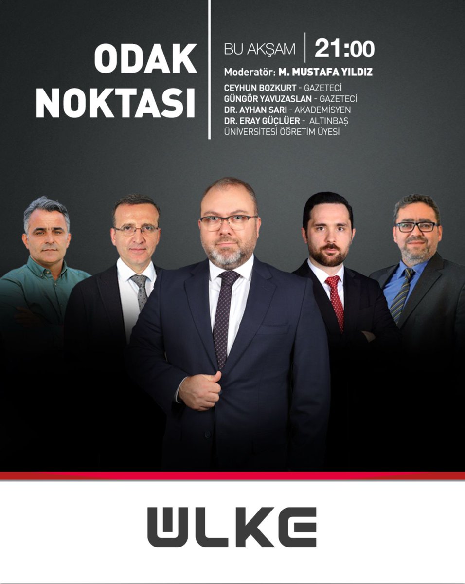 M. Mustafa Yıldız'ın sunduğu 'Odak Noktası' programına Gazeteciler Ceyhun Bozkurt ve Güngör Yavuzaslan, Akademisyen Dr. Ayhan Sarı ve Altınbaş Üniversitesi Öğretim Üyesi Dr. Eray Güçlüer konuk oluyor
'Odak Noktası' bu akşam 21:00'de Ülke TV'de
<a href="/mustafayildiztv/">M.Mustafa Yıldız</a> <a href="/cyhnbzkrt/">Ceyhun Bozkurt</a>