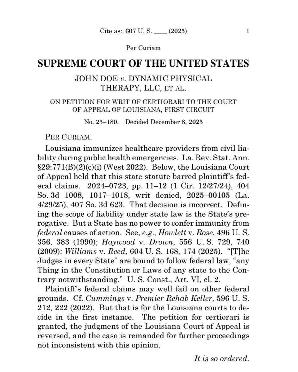 Can a State use state law to immunize a defendant from being sued for violating federal law? Supreme Court 9-0 answers, "No." The Court unanimously reversed the Louisiana Court of Appeals in a short opinion reaffirming federal supremacy.