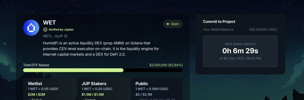 ⏳ Update on <a href="/humidifi/">HumidiFi</a>  $WET Public Sale (HumidiFi)

There’s a 10-minute delay added to the public round.
I’m participating in this one — 5 minutes left until the sale goes live!
Max cap: 500 USDC
If you manage to get in, this looks like a solid win 👀🔥

Let’s see who gets a