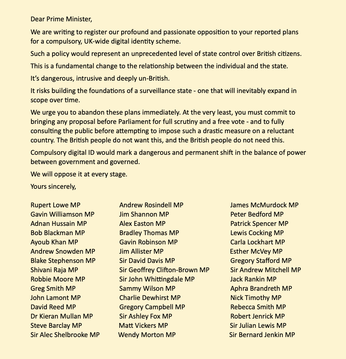 A big Digital ID debate in Parliament coming up. I am VERY much opposed. Our open letter to Starmer attracted significant cross-party support from dozens of MPs...

The fight against Digital ID starts in Westminster today.