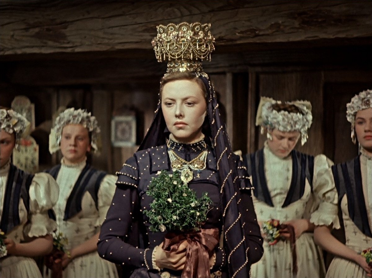 Scene from the 1950 German film Heart of Stone, based on Wilhelm Hauff’s 1826 fairy tale.  It depicts the traditional Black Forest wedding attire.