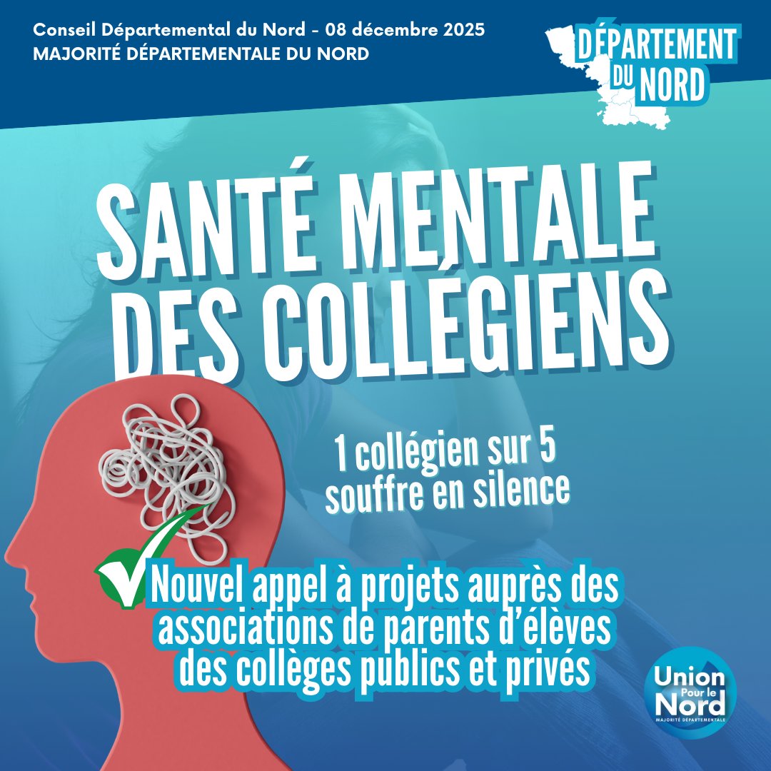 ✅C’EST VOTÉ #CD59 ! LE DEPARTEMENT LANCE UN APPEL A PROJETS SUR LE THEME DE LA SANTE MENTALE.🧠
Les élus <a href="/unionpourlenord/">Union Pour le Nord</a> ont voté en faveur du lancement d’un appel à projets à destination des associations de parents d’élèves dans les collèges publics et privés sur le thème de