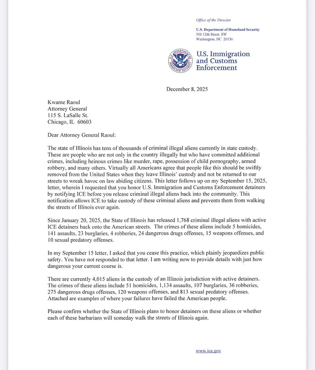libsoftiktok's tweet image. 🚨FIRST ON LOTT: ICE just sent a letter to Sanctuary State Illinois’ AG DEMANDING they hand over the more than 4,000 illegals in their custody.

Illinois has RELEASED more than 1,700 criminal illegals from prison back into our communities.

Here are some of the worst of the…