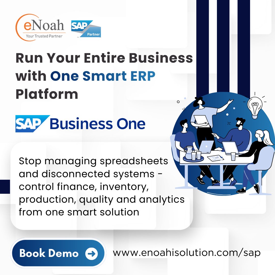 enoahisolution's tweet image. Run your entire business with one smart ERP platform. Experience the power of SAP Business One. Book Demo: bit.ly/3ME9oXW

#SAPB1 #ManufacturingExcellence #DigitalTransformation #eNoah