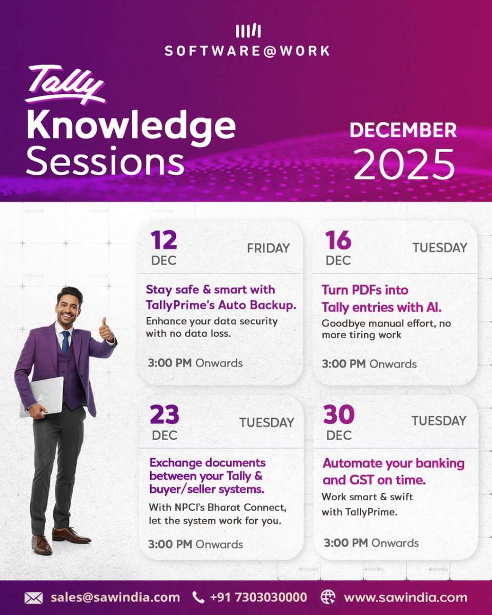 SoftwareAtWork's tweet image. 12th Dec 2025 – Auto Backup &amp;amp; Data Security
 Register: bit.ly/4oC2KSn
16th Dec  – PDF to Tally with AI
Register: bit.ly/4iJUcI0
23rd Dec  –  Bharat Connect 
Register: bit.ly/48s2Hnu
30th Dec – Banking &amp;amp; GST Automation
 Register: bit.ly/3MtGexK