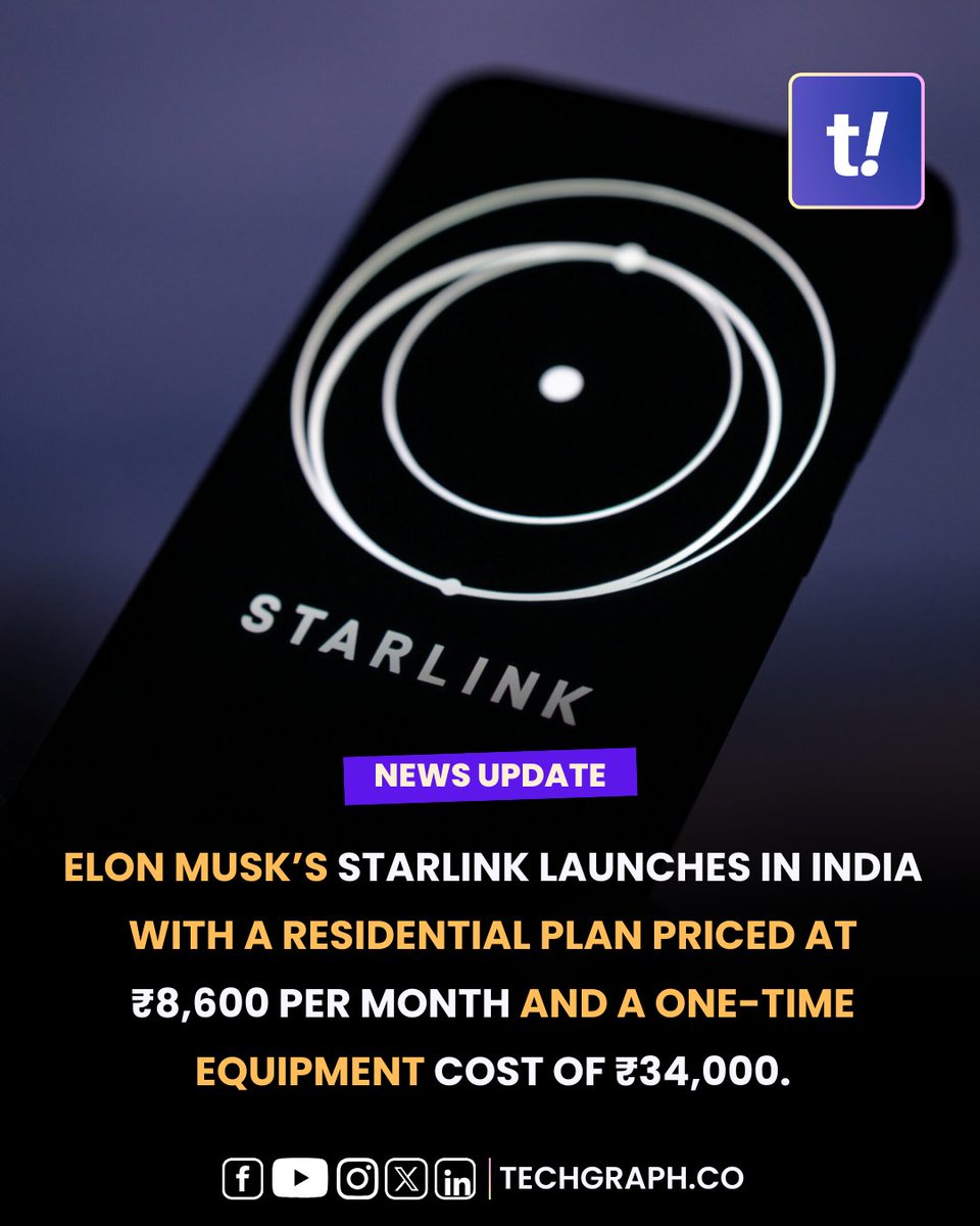 Elon Musk’s <a href="/Starlink/">Starlink</a> launches in India with a residential plan priced at ₹8,600 per month and a one-time equipment cost of ₹34,000.

#STARLINK #ElonMusk #India #Internet #News #StarlinkIndia