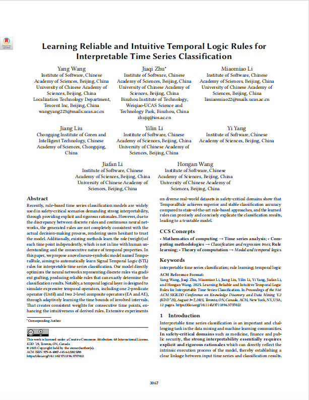 deeppdf_ai's tweet photo. Summary of 2025 #KDD Paper:
🚀 Interpretable time series classification! TemporalRule learns STL rules with neuro-symbolic AI - beats SOTA in med/finance/security. No black boxes, just intuitive logic! 
Details👉https://t.co/ATo0xzCTBd
#AI https://t.co/qwwz74iQq0