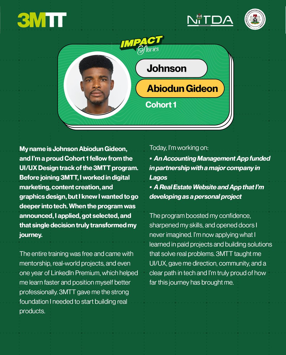 3MTTNigeria's tweet image. Johnson Abiodun Gideon went from digital marketing to building real tech products. Thanks to the 3MTT UI/UX track.

He’s now creating:
• A funded Accounting Management App
• A Real Estate Website &amp;amp; App

Talent meets opportunity.

#3MTT #ImpactStories #TechNigeria