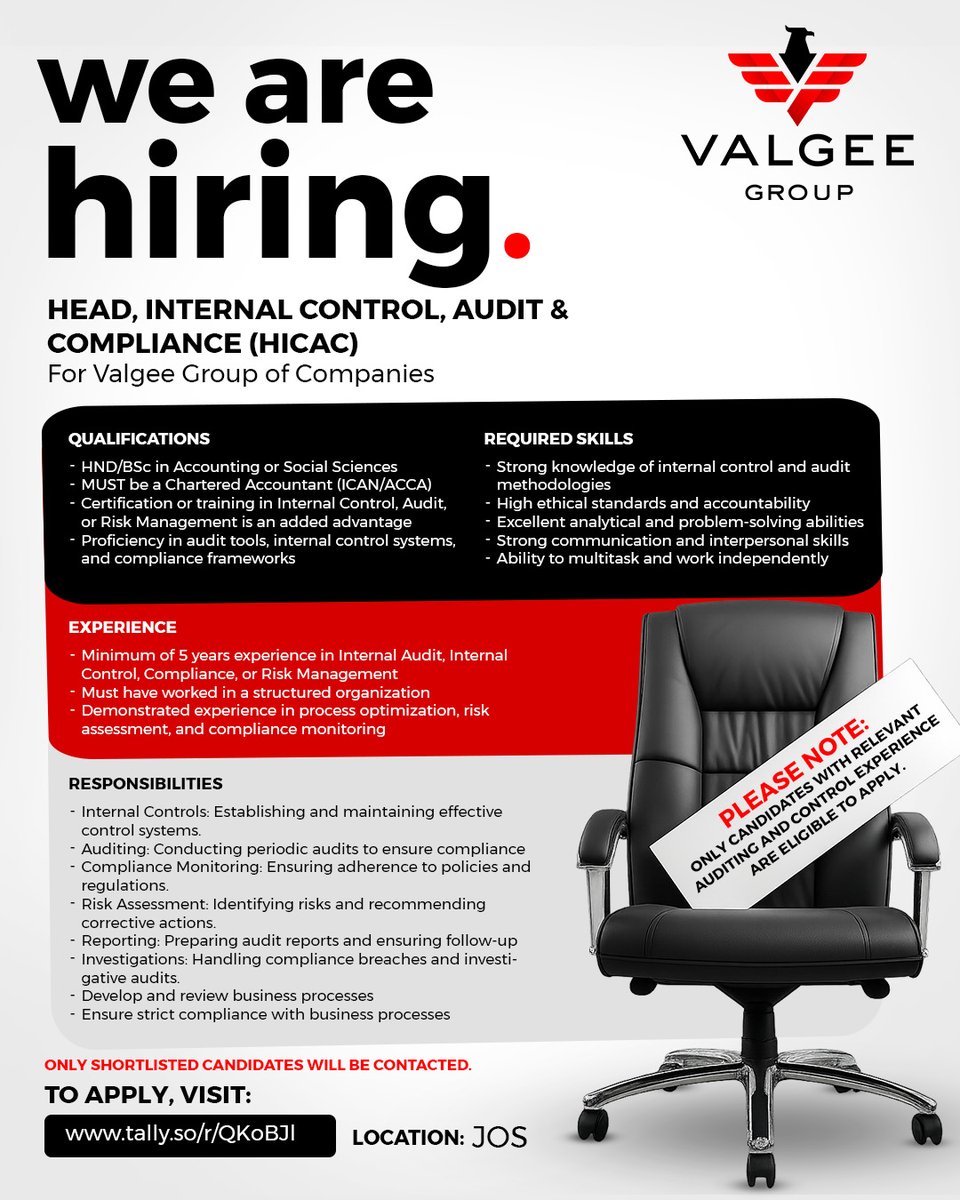 ANNOUNCEMENT📌

We are looking to fill the role of HEAD, INTERNAL CONTROL, AUDIT &amp; COMPLIANCE (HICAC) for Valgee Group of Companies 

If you meet the requirements and are willing to join our team, see flier for details. We can't wait to have you on board!

#valgeeets #hiringalert