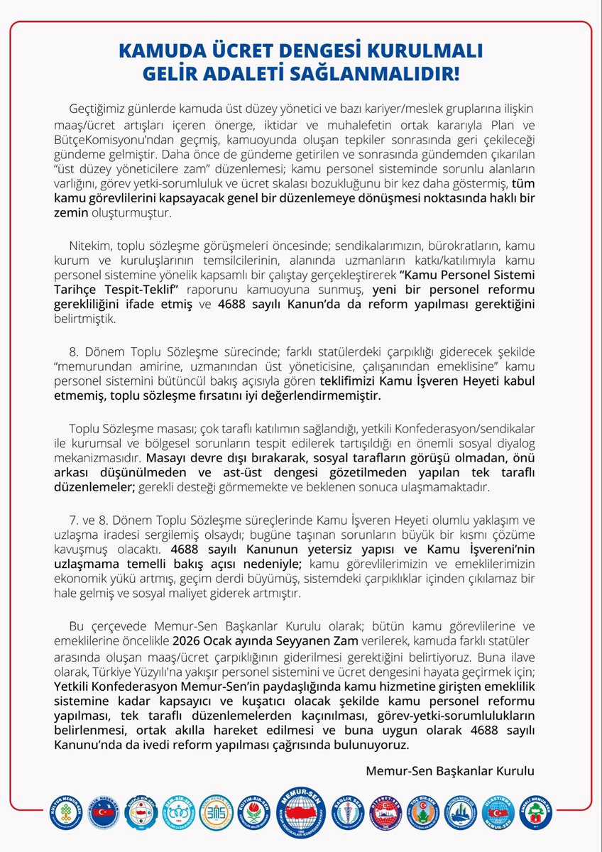 🎙️KAMUDA ÜCRET DENGESİ KURULMALI, GELİR ADALETİ SAĞLANMALIDIR !

8. Dönem Toplu Sözleşme sürecinde; farklı statülerdeki çarpıklığı giderecek şekilde “memurundan amirine, uzmanından üst yöneticisine, çalışanından emeklisine” kamu personel sistemini bütüncül bakış açısıyla gören