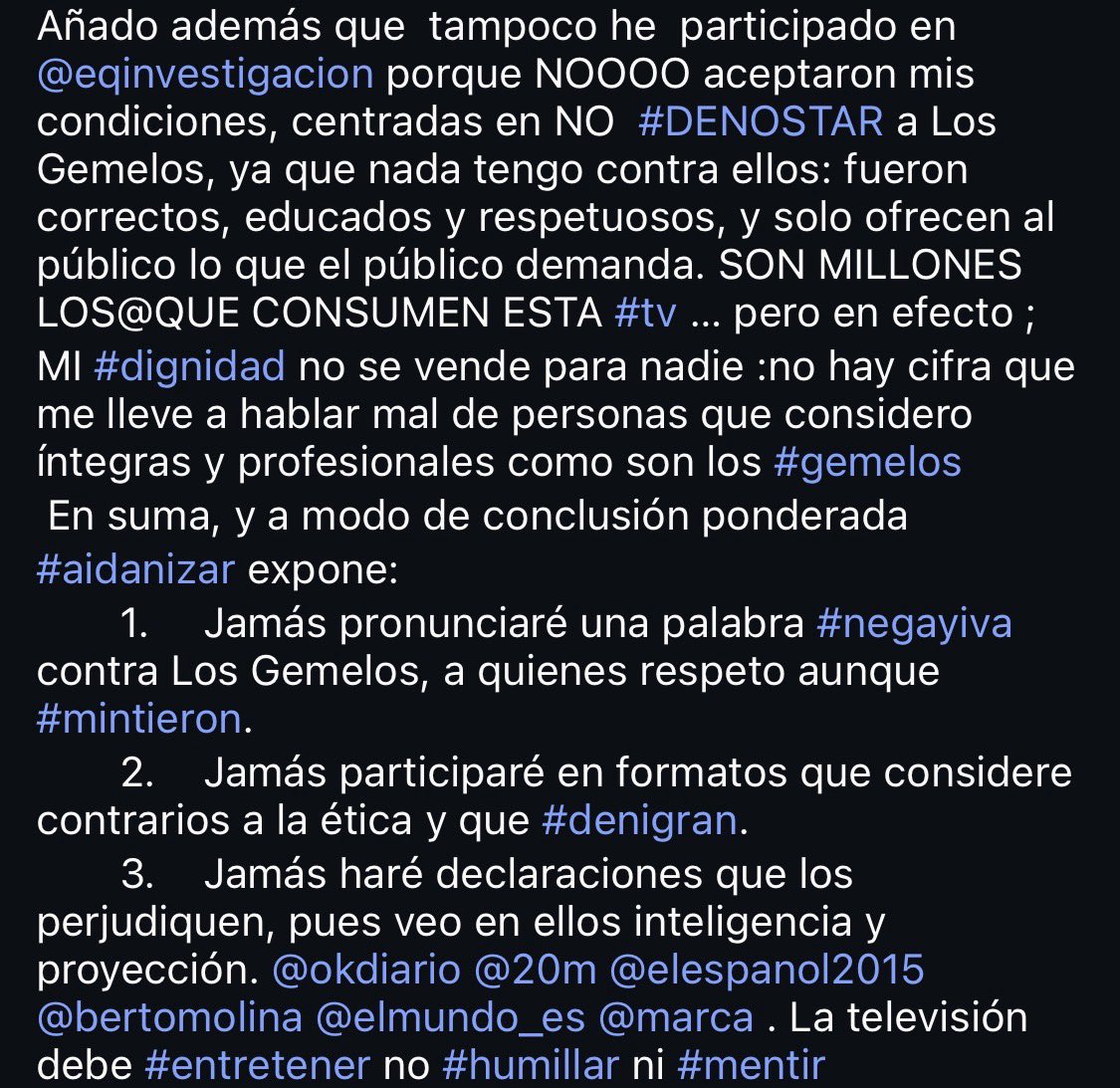 thonxwrld's tweet photo. 🚨 ÚLTIMA HORA | Aída Nizar rechaza colaborar con Equipo de Investigación.
Tras los rumores de su participación en #LaCasaDeLosGemelos2, el programa de La Sexta la habría contactado para que esta hablara negativamente de @ZonaGemelos, a lo que ella se ha negado.
Defiende que los gemelos fueron correctos, educados y profesionales, y remarca que su dignidad “no se vende”.