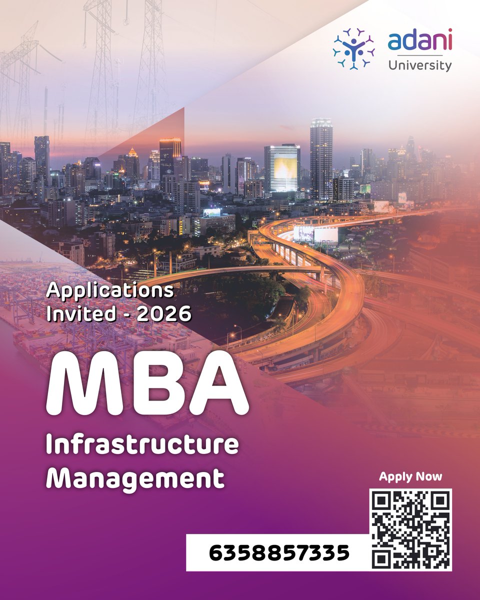 AdaniUniversity's tweet photo. Adani University invites applications for our MBA in Infrastructure Management!
Become a leader in this high-growth sector, mastering a range of sectoral and functional electives. Learn from industry experts and shape tomorrow's world.
#MBA #InfrastructureManagement https://t.co/MtXtMMa36Z