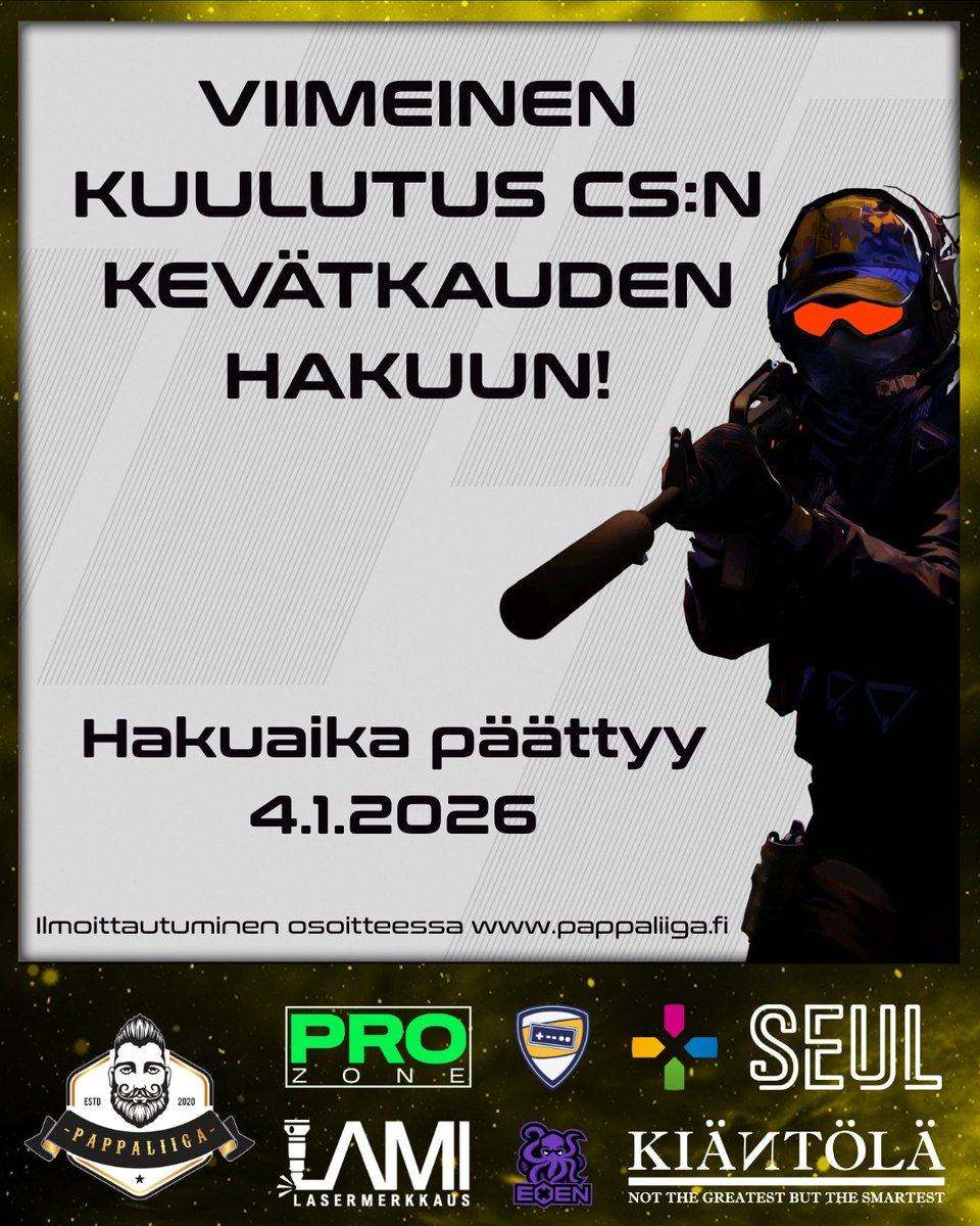 pappaliiga's tweet photo. 📢 VIIMEINEN KUULUTUS! 📢

Haku Pappaliigan CS:n kevätkaudelle 2026 päättyy pian!

Ilmoita joukkueesi pikaisesti tulevalle kaudelle osoitteessa https://t.co/ssyQCmR0Ey

Haku päättyy 4.1.2026.

Lisätietoja Pappaliigan Discordista!

#pappaliiga #esportsfi #cs2 https://t.co/B2E6CFP1xv