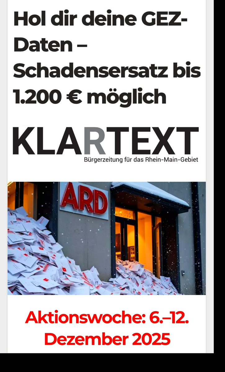 #GEZ-DSGVO-Aktion 6.–12. Dezember 2025 – bitte teilnehmen!

Vom 6. bis 12. Dezember 2025 findet eine bundesweite #DSGVO-Aktion gegen den #Beitragsservice statt. In dieser Woche fordern Bürger nach Art. 15 DSGVO kostenlos ihre komplette GEZ-Akte an.

Der Beitragsservice ist