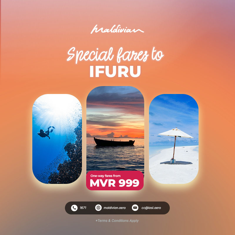MaldivianAero's tweet photo. Fly Malé to Ifuru for just MVR 999 one way. 

Special fares now available. Book your seat today.