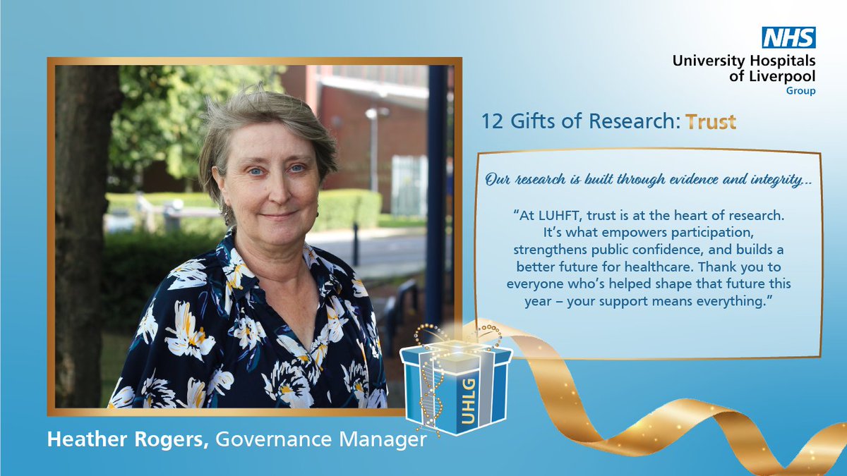 nhsUHLG_RI's tweet photo. 4th Gift of Research: Trust 🤝

Trust in research means ensuring participants feel confident that their safety, data and contributions truly matter.

Heather Rogers, Governance Manager at LUHFT, says:
 "For us at LUHFT, the trust of our participants is a really important part of our research journey. It supports their willingness to take part and public confidence in the safety and validity of the research results."

We build trust by securing Health Research Authority approval, being transparent about how we use data and tissue samples, and engaging patients and carers in designing research. Consent is an ongoing process that strengthens relationships and shapes the future of healthcare.

A big festive thank you to everyone who has taken part this year! 💙