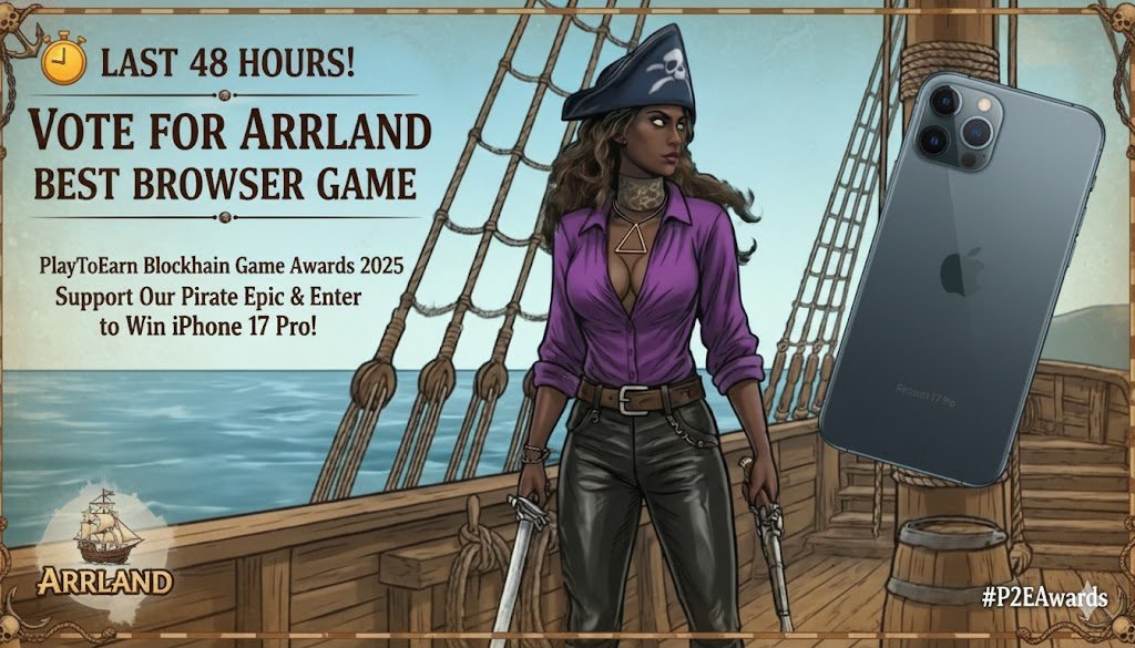⏰ LAST 48H to vote!

🏴‍☠️ Support <a href="/PlayArrland/">PlayArrland</a> in the <a href="/PlayToEarn/">PlayToEarn</a> Awards! If you hold ANY $RUM, $ARRC or NFTs - this is in YOUR interest.

🗳️ Vote Best Browser Game &amp; enter to win iPhone 17 Pro:
 playtoearn.com/awards/vote/be…

Arrland is the ultimate pirate fully on-chain strategy game!