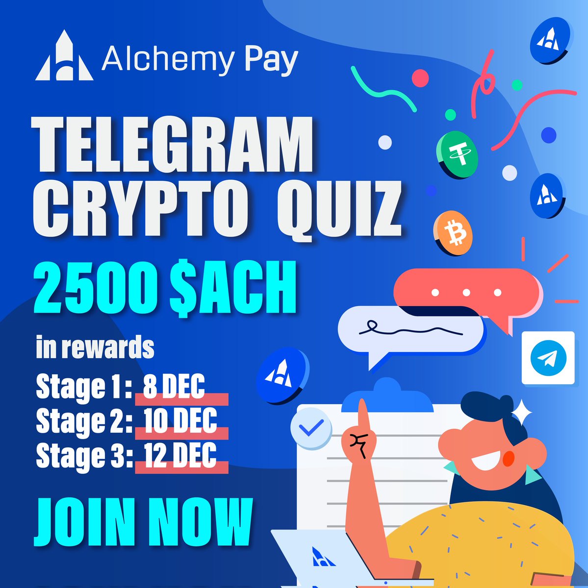 🚀Ready for a crypto challenge? 📝Join the #AlchemyPay Crypto Quiz on our  latest update to win 2500 $ACH! The quiz has 3 stages, with 5 questions  each on Dec 8, 10, and
