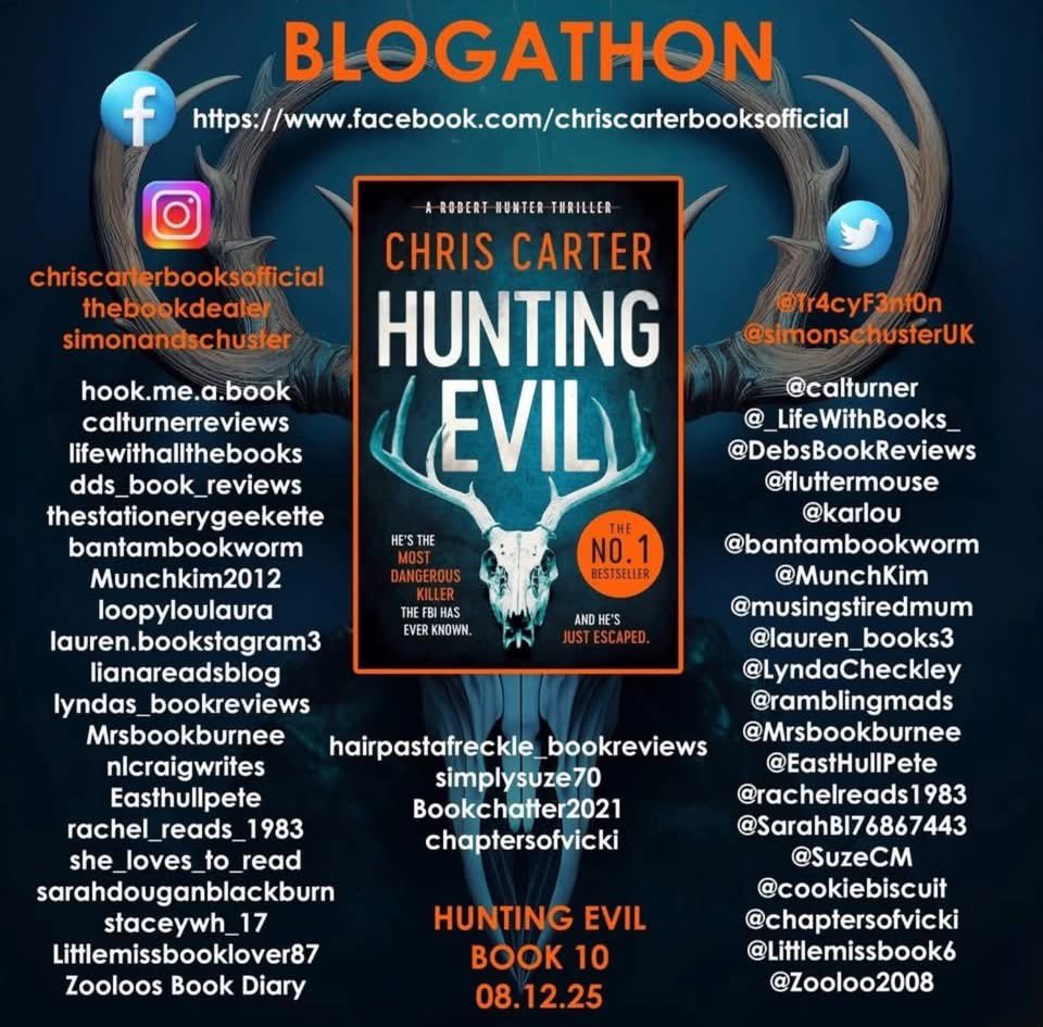 DebsBookReviews's tweet photo. 📕Hunting Evil by Chris Carter📕

I could not put this book down. Folter is evil personified, &amp; be warned there are some truly graphic descriptions of the distorted cruelties he metes out. On to book 11!

Review https://t.co/FfDO4PpqPM

#blogathon #BookTwitter #HuntingEvil https://t.co/YoE1vEMbkY