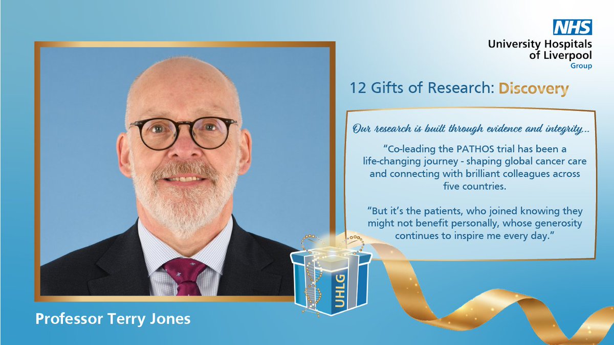 nhsUHLG_RI's tweet photo. 6th Gift of Research: Discovery 🔍

Discovery in research means uncovering new knowledge that changes lives and shapes the future of care.

Professor Terry Jones, Director of Clinical Research at LUHFT, says: "Co-leading PATHOS over the last 12 years has been a life-changing experience. Not only have I had the privilege to influence global clinical practice, but I’ve met incredible colleagues worldwide who I now count as friends. 

"Most importantly, I’ve been humbled by patients who join trials knowing they may not benefit personally -that level of altruism is truly awe-inspiring."

PATHOS is the largest head and neck cancer trial yet completed, spanning the UK, France, Germany, Australia, and the USA – a true example of discovery through collaboration. 💙

#12GiftsOfResearch