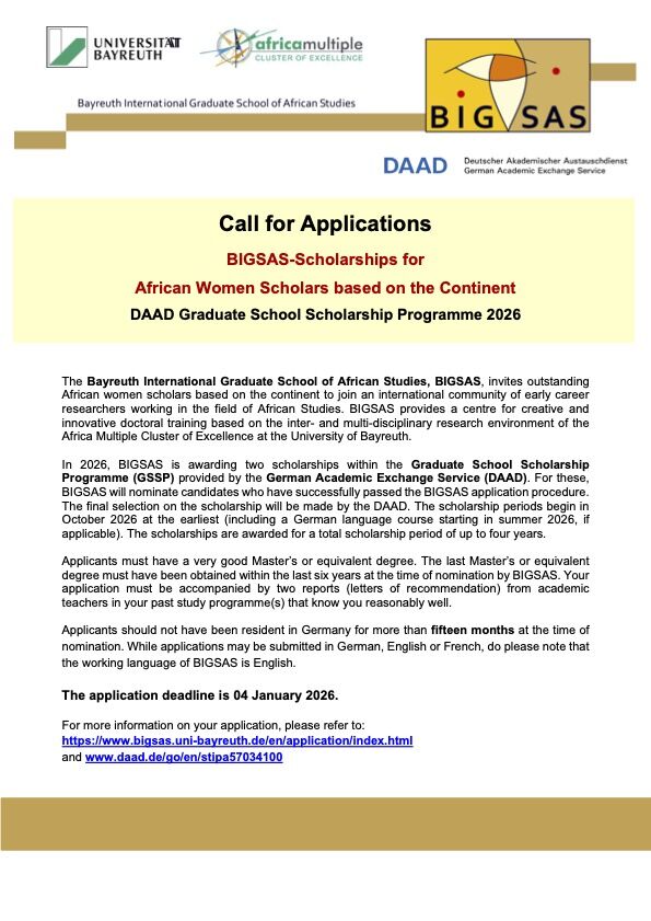 opportunitiesfy's tweet photo. 🎓🇩🇪 2 Fully Funded PhD Scholarships in Germany for African Women (2025) at BIGSAS + DAAD | Deadline: 04 Jan 2026 | 🔗 Apply: https://t.co/5sEw4Sy9Sx | 💾 Save &amp; Share #PhDInGermany #AfricanWomen #FullyFunded #Scholarships2025 https://t.co/26cE2qpJiF