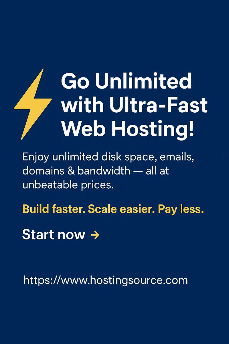 HostingSourceX's tweet image. Unlimited Web Hosting
📷 Go Unlimited with Ultra-Fast Web Hosting!
Enjoy unlimited disk space, emails, domains &amp;amp; bandwidth — all at unbeatable prices.
Build faster. Scale easier. Pay less.Start now 📷 hostingsource.com/#Technology #Management #Services #WebHosting #HostingSource