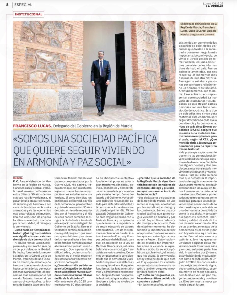 Soy hijo de la democracia y nieto de la represión.

Que el nieto de un represaliado en la Cárcel Vieja pueda defender la libertad en la <a href="/DelegGobMurcia/">Delegación del Gobierno en la Región de Murcia</a> es un éxito de la democracia.

Somos la voz de la mayoría social que apuesta por la centralidad y la convivencia.

<a href="/50enLibertad/">España en Libertad</a>