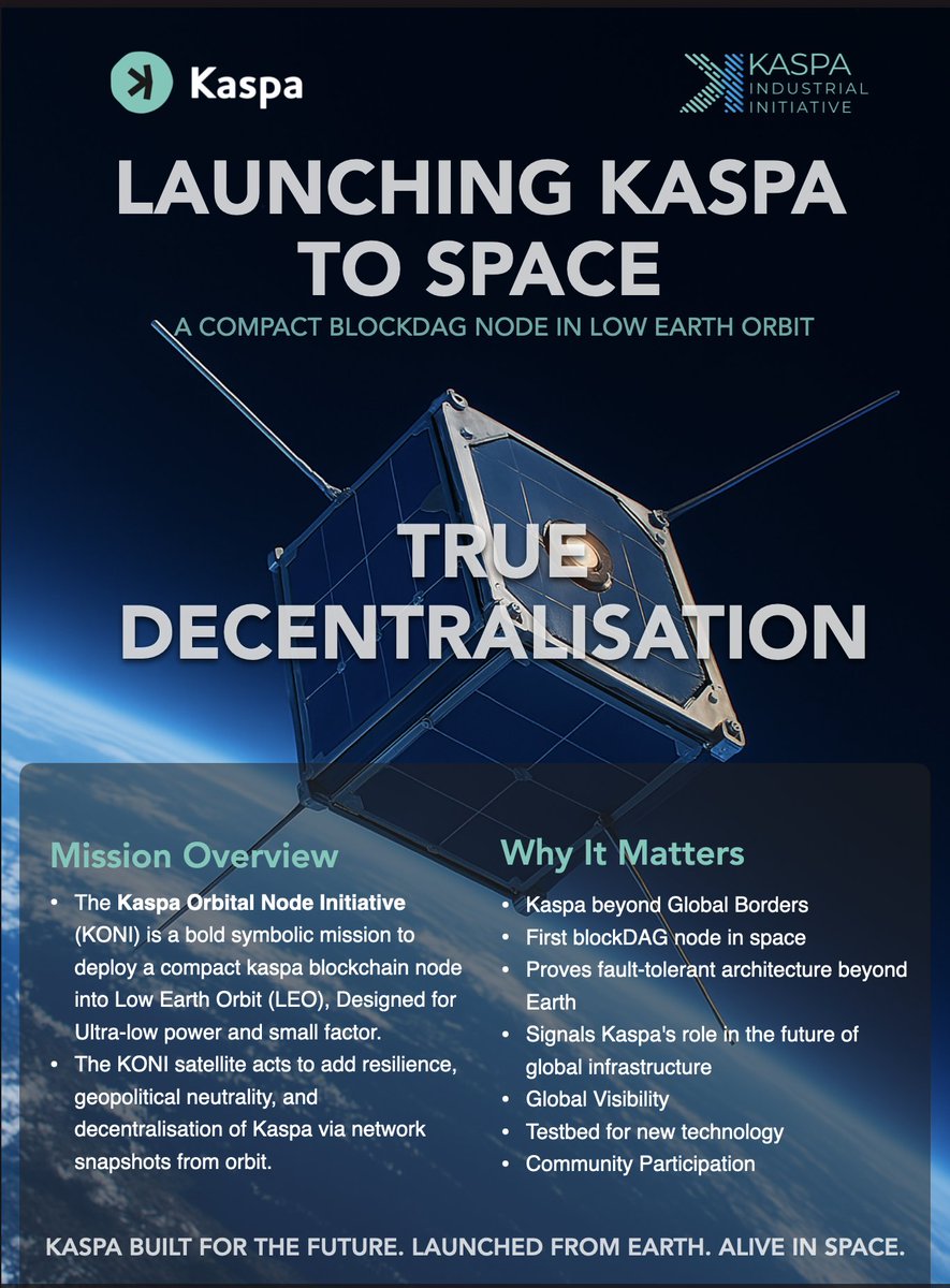 Crypt0Proselyte's tweet photo. Kaspa Daily Recap - December 8:

• Market sentiment still heavily bullish: $KAS is currently ranked #1 in market-wide bullish sentiment.

• Major ecosystem research coverage:
@BSCNews  published a full analysis on Kaspa’s L1 design and tokenomics.

• Space-based decentralization initiative
Kaspa’s KONI (Kaspa Orbital Node Initiative @KaspaKii ) gained renewed attention, with community members highlighting that a #Kaspa node is being deployed to Low Earth Orbit which pushes decentralization beyond terrestrial limits.

• DAGKnight & 100 BPS discussions grow
Technical threads continue breaking down:
– how 100 BPS pushes Kaspa toward Visa-level throughput on L1
– how DAGKnight removes fixed latency
– how MEV auctions and oracle protocols plug into the long-term design.

• Kaspa's reddit adds $KAS tipping integration  via @KaspaTipbot : Reddit community now has native Kaspa tipping, expanding real-world microtransaction use cases.

If you’d like to support my Kaspa research and daily coverage, tips are appreciated:
kaspa:qrntz5ere9ar4arpm0dy4ln6wa8q02u075024qchg48d5m2cpwjjzedq4hgya

Crypto Proselyte