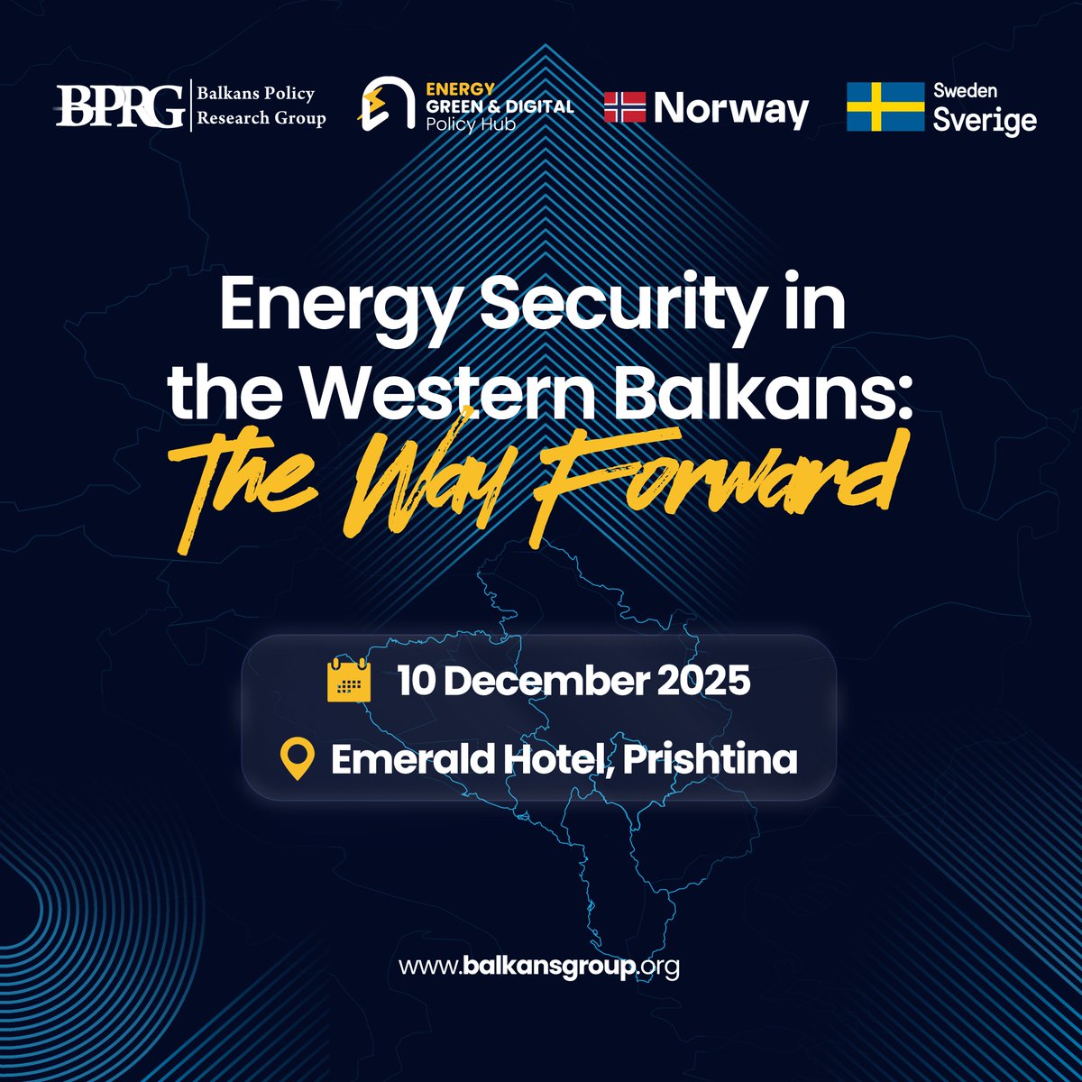 BalkansGroup's tweet photo. This 10 December, Balkans Group hosts the Policy Forum “#WesternBalkans Energy Policy Hub: #EnergySecurity, The Way Forward” in Prishtina.
The Forum will bring together institutions, experts, and partners from across the region to address the most pressing questions on energy security in the #WB6.