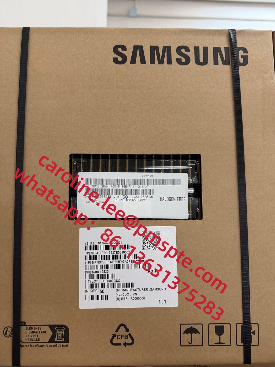 genius_caroline's tweet image. Want to sell：
M321RYGA0PB2-CCP  DDR5 6400 RDIMM 96G   ＄1*00
M321RAJA0MB2-CCP DDR5 6400 RDIMM 128G   ＄2*00
caroline.lee@pmspte.com
whatsapp：86-13631375283
#M321RYGA0PB2 #M321RAJA0MB2 #DDR5 #6400MHZ #Memory #96GB #128GB #Samsung