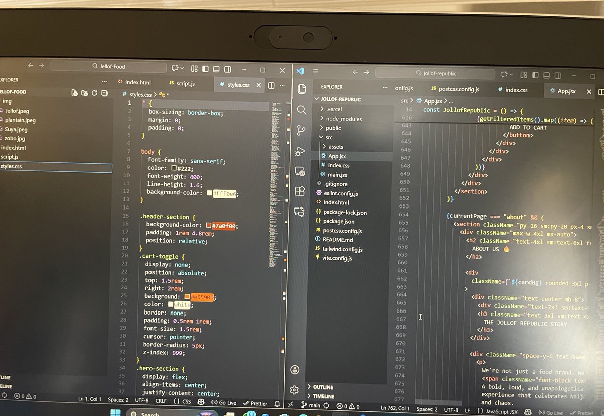 Dollypee181's tweet image. Built the same food ordering site twice and it low-key improved how i code.
first time: vanilla JS, fighting with the DOM 
second time: React, wondering how easy things can be😂. Same features, way cleaner code.
live: …0qgg7-dollypee18s-projects.vercel.app
code: github.com/Dollypee18/jol…
#ReacJS