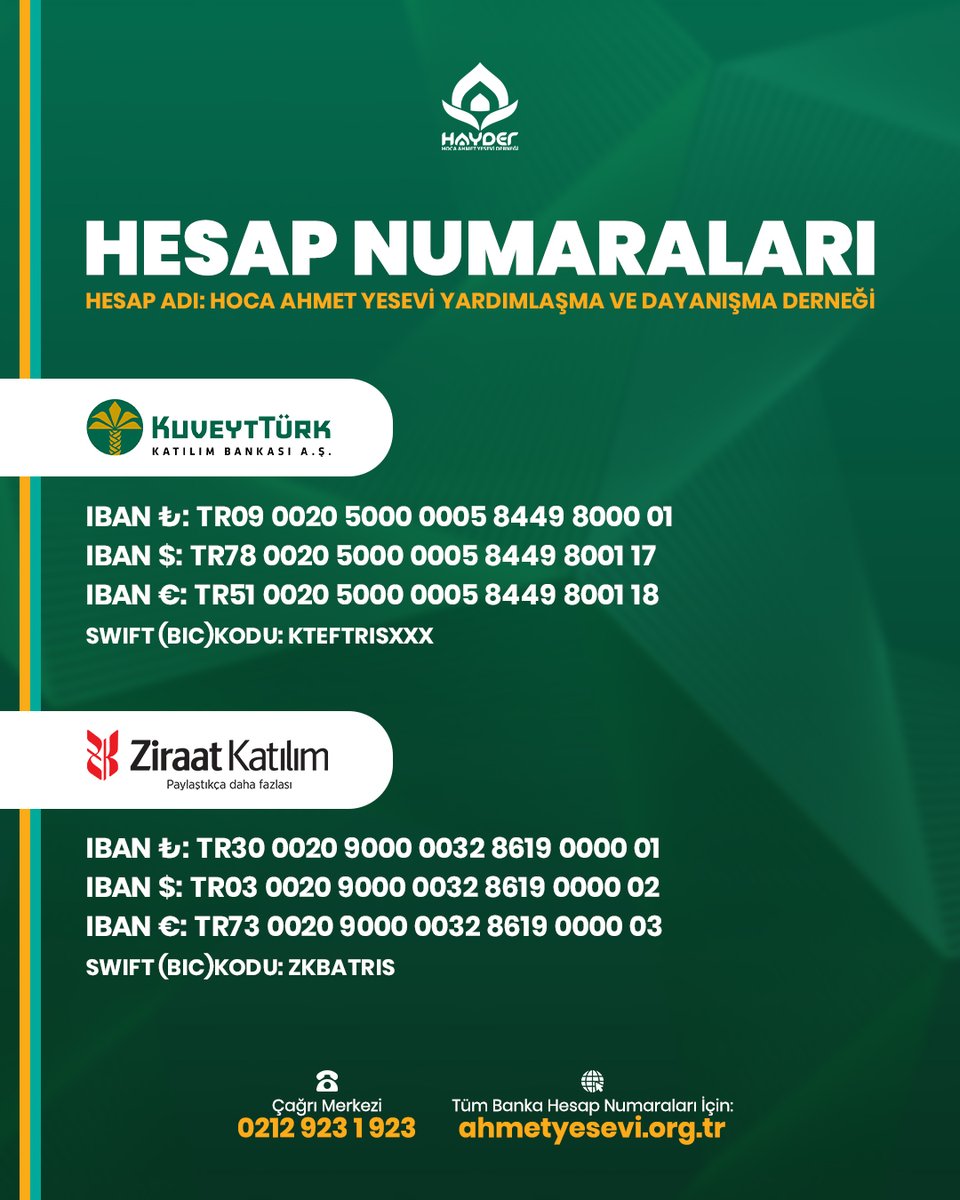 ahmetyesevider's tweet photo. 💳 Faaliyetlerimize katkıda bulunmak ve desteklerinizi ulaştırmak için banka hesap numaralarımızı kullanabilirsiniz. Tüm bağış kanallarımıza aşağıdaki linkten veya çağrı merkezimizden ulaşabilirsiniz.

☎️ 0212 923 1 923
🔗 https://t.co/2vaKp0loF4 https://t.co/fb3bxuMjlr