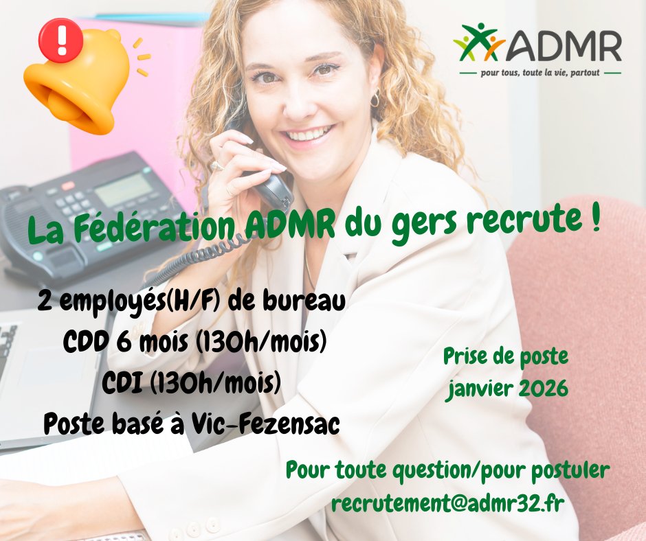 📢 La Fédération ADMR du Gers située à Vic-Fezensac recrute ❗️
👉Employés (H/F) de bureau
1 CDD 6 mois 130h/mois
1CDI 130h/mois
🌎Poste basé à Vic-Fezensac.
📌Adressez vos CV + lettre de motivation à  recrutement@admr32.fr
<a href="/ADMRun/">ADMR</a> <a href="/FranceTravail/">France Travail</a>