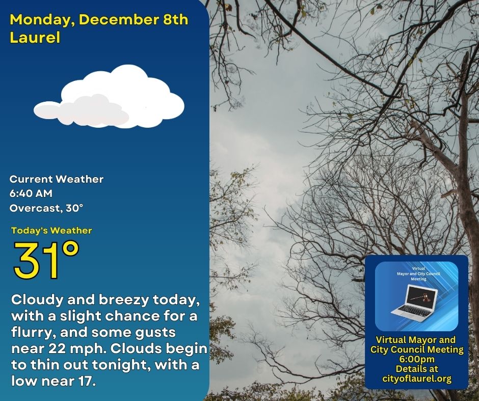 Cloudy skies and cold for December 8th, with some gusts near 22 mph, and a slight chance for a flurry. Tonight, clouds begin to thin out, with a low near a very cold 17.
