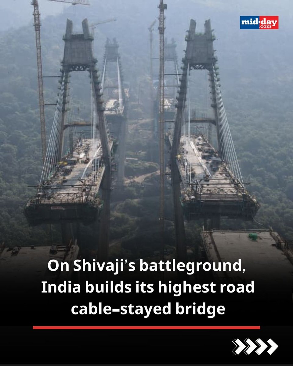 mid_day's tweet photo. More than 360 years after Chhatrapati Shivaji Maharaj outsmarted the Mughal army in the Sahyadris, engineers are now battling the same rugged terrain to build India’s highest road cable-stayed bridge on the Mumbai–Pune Expressway. Rising 132 metres above ground with 182-metre pylons taller than the Bandra–Worli Sea Link, the Afcons-executed project is part of the Missing Link that will cut travel time by 25 minutes. Engineers continue to work through high winds, fog, monsoon waterfalls and narrow ridges using advanced construction systems to complete the 650-metre bridge by 2026.

Via: @ranjeetnature