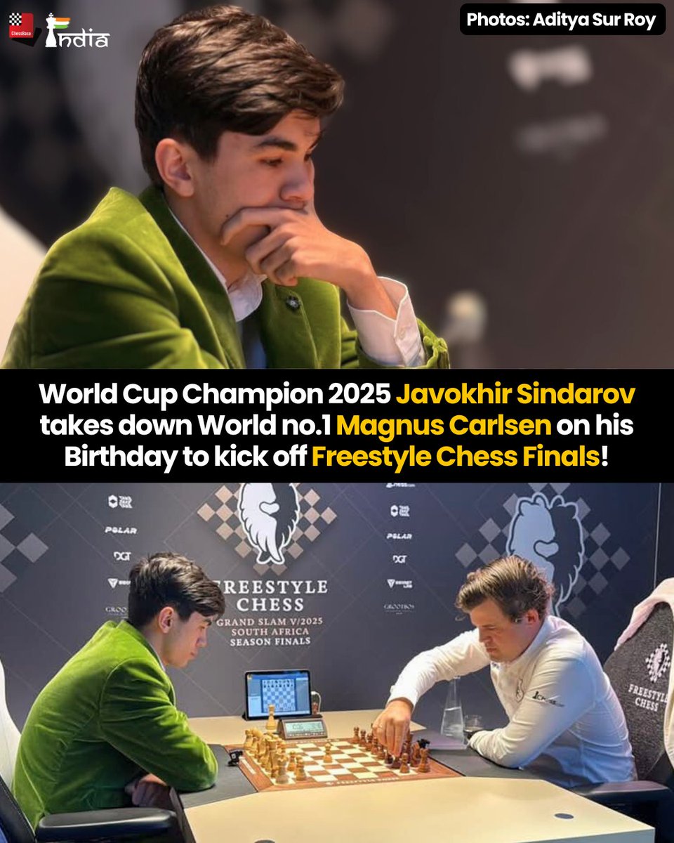 Javokhir Sindarov takes down Magnus Carlsen on his Birthday to kick off the Freestyle Chess Grand Slam Tour Finals in Capetown!

The World Cup 2025 Champion Sindarov defeated Magnus Carlsen convincingly with the White pieces in Round 1 of the 10'+5" Rapid Round-robin today! What