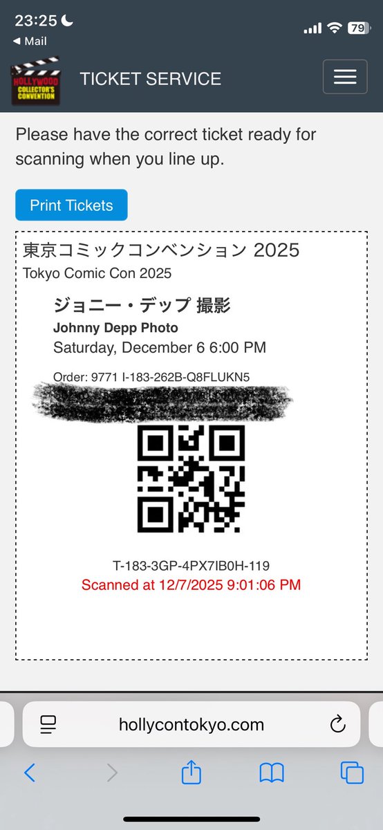 Daimonji0296's tweet photo. 先ほどジョニーデップさんのサイン対応において返金対応されなかったと物申した奴です。　改めてハリコンサイトを確認しましたが赤字でスキャンされた記録が表示されていました。
　時刻的にもやはり誤ってスキャンされ、返金が出来ない状況になっていました。
やば。
#コミコン　#ジョニーデップ https://t.co/UhfAZSUrMk