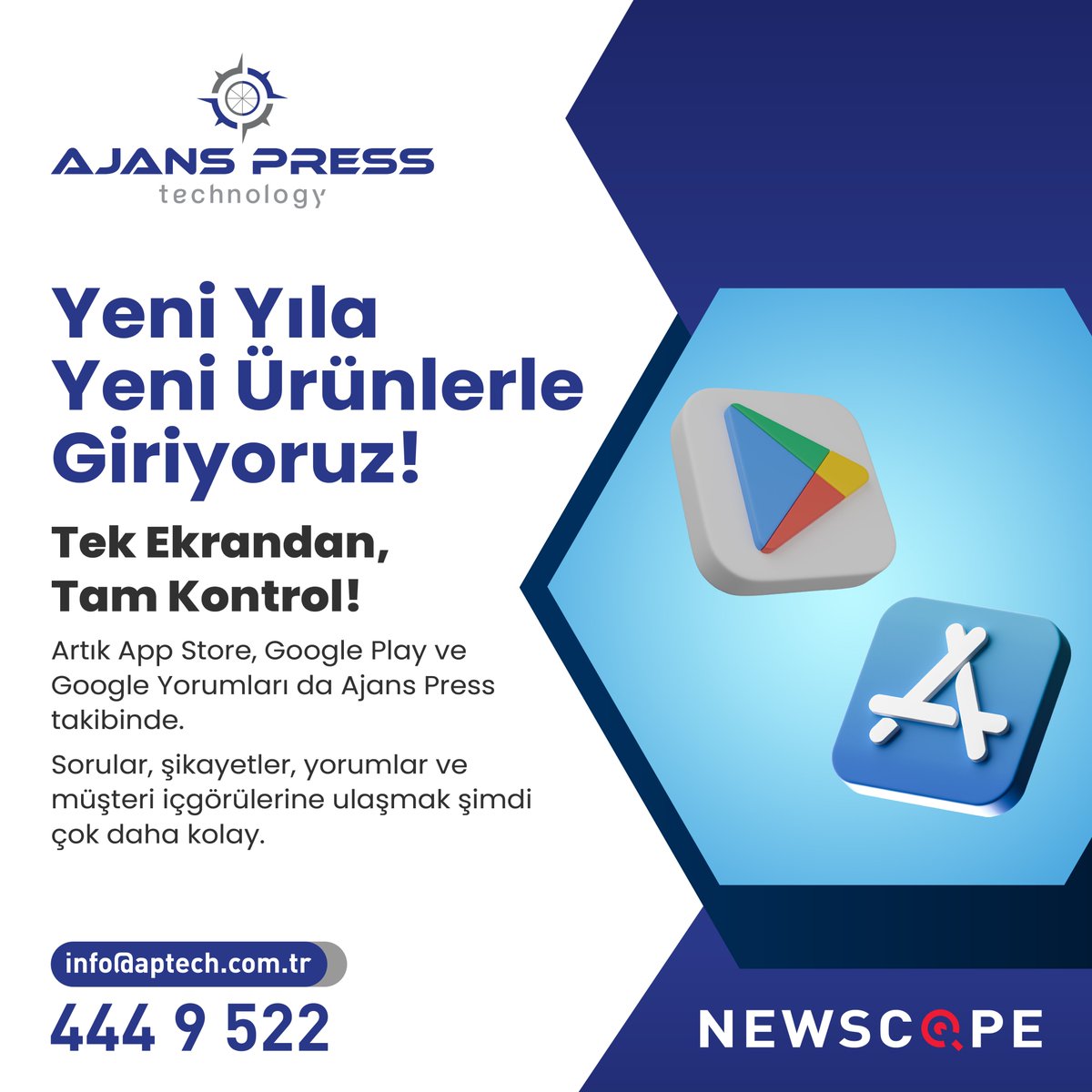 2026’ya hazırız! 🚀
App Store + Google Play + Google Yorumları = Tek Ekranda Newscope'ta!
Tüm medya kaynaklarının yanı sıra, müşteri geri bildirimleri de artık tek noktada.
#Ajanspressteknoloji #Newscope