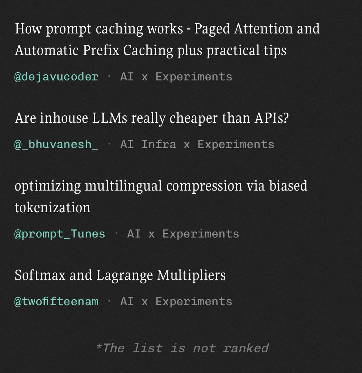 groundzero_twt's tweet image. New Community Blogs up at Ground Zero ⚡️

Ft.
• How prompt caching works by @dejavucoder 
• Are inhouse LLMs really cheaper than APIs? by @_bhuvanesh_ 
• Optimizing multilingual compression via based tokenization by @prompt_Tunes 
• Softmax and Lagrange Multipliers by…
