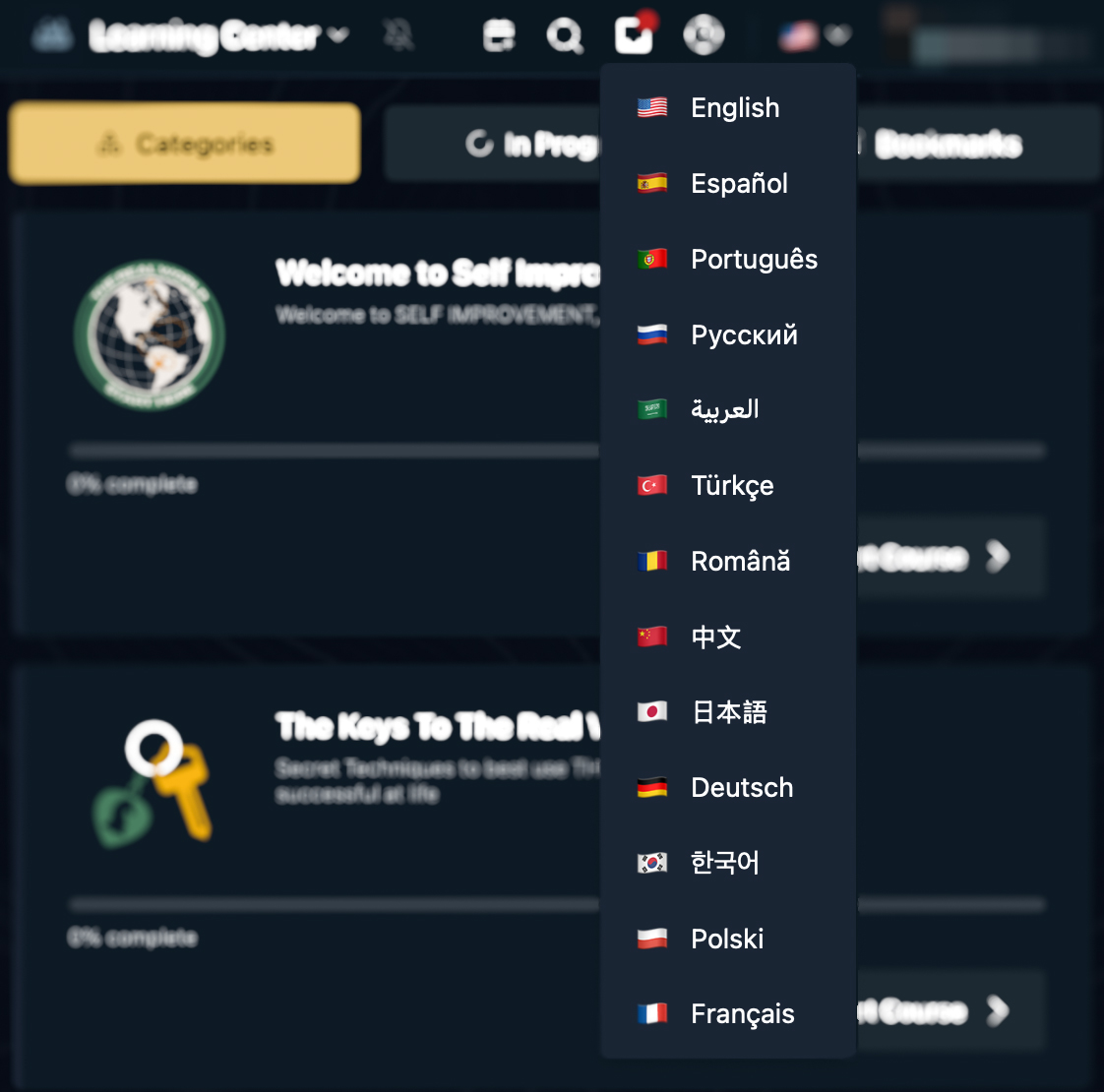 The language barrier is disappearing.

We now have lesson translations rolling out inside the platform.

That means students from ALL around the world can learn life-changing skills in their own language.

The world is global.

Now your learning is too.