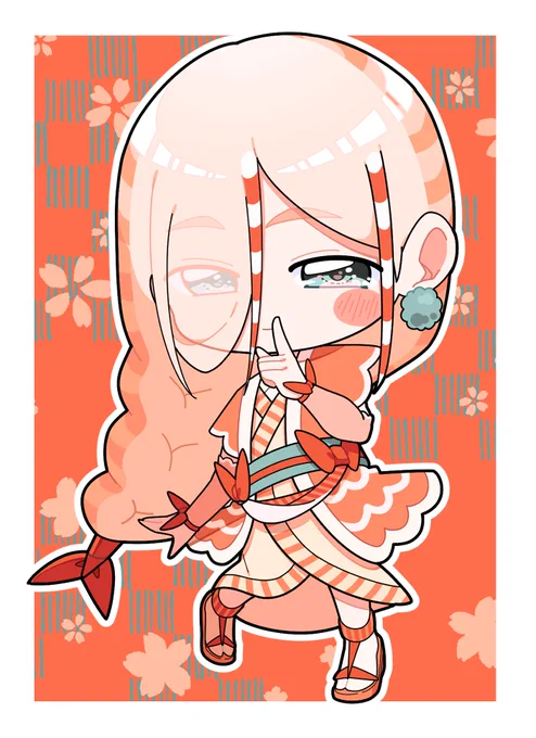 【鮨娘キャラクター紹介】 エビちゃん タイちゃんを守れるくらいもっともっと強くなりたいと思っている心優しい鮨娘。実はエビにちなんだ大きな秘密がある。 #鮨娘