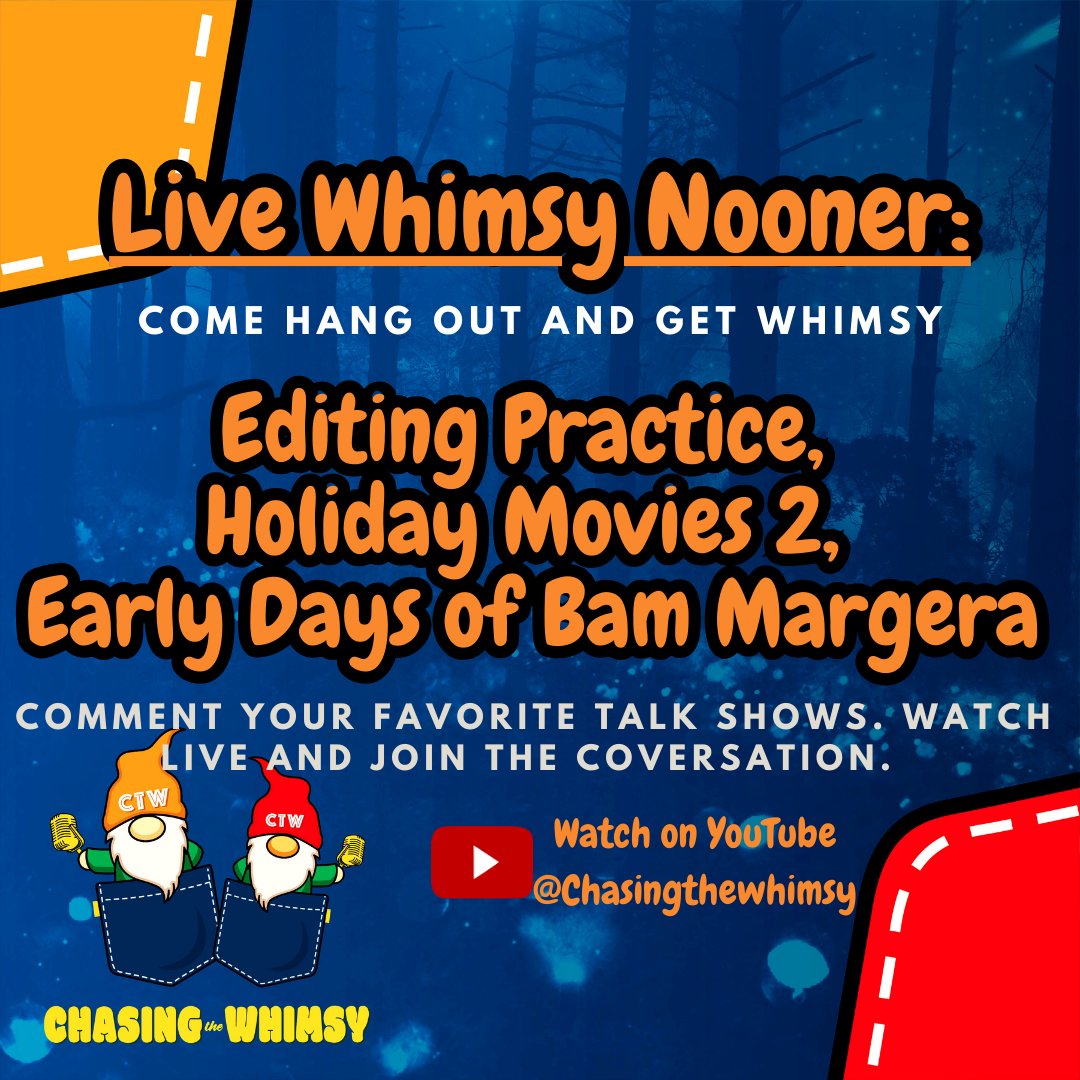 ChaseTheWhimsy's tweet image. 🌟 Get ready for #WhimsyNooners TODAY at 12 PM MST! 🎉 We're diving into Editing Practice, Holiday Movies 2, and the early days of #BamMargera! 🌼 Don’t miss out on the fun! 🎊 Tune in live: youtube.com/@ChasingtheWhi… #ExcitingTimes #JoinUs #EditingPractice #HolidayMovies