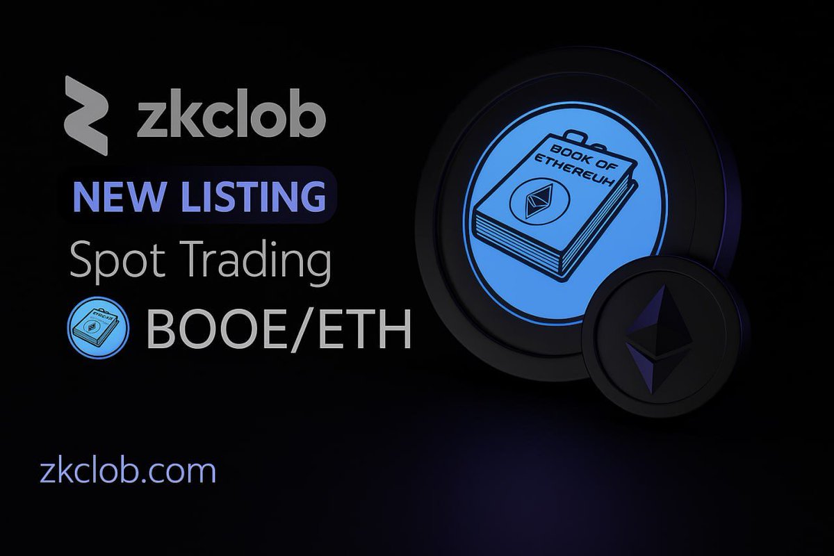 zkCLOB's tweet photo. We are pleased to announce that $BOOE is now officially listed on zkCLOB and available for spot trading on our fully private, self-custodial exchange.

$BOOE, inspired by the mythic ethos of The Book of Ethereum is a community owned meme token that immortalizes the legends, memes, and degen spirit of Ethereum forever on-chain. 

🔹 Pair: BOOE/ETH
🔹 Market: Spot
🔹 Trade: https://t.co/fxY2UHrDDQ

zkCLOB's privacy powered CLOB DEX brings CEX-speed trades, zero-knowledge privacy, sub-second fills, and deep liquidity, slashing fees & slippage on Ethereum. 

Easier swaps, better prices, and stealth mode for @Bookof_Eth holders.